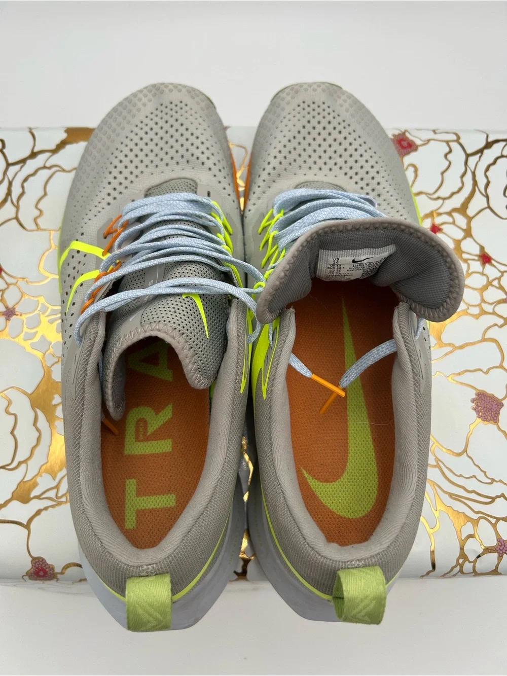 Nike Men's Gray Sneakers with Orange Panels and Neon Yellow Accents